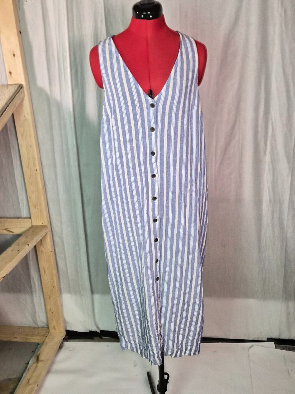 Old Navy Women Dress M Blue Striped Midi Linen Blend Button Front V Neck G780